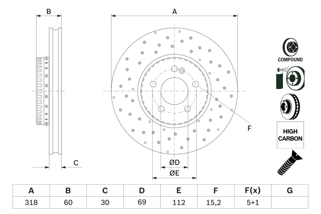 000 421 21 12 BOSCH BRAKE DISC FRONT W205 318mm X-DRILLED - 5518