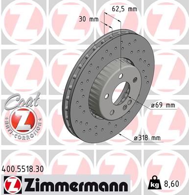 000 421 21 12 ZIMMERMANN BRAKE DISC FRONT W205 318mm X-DRILLED - 5518