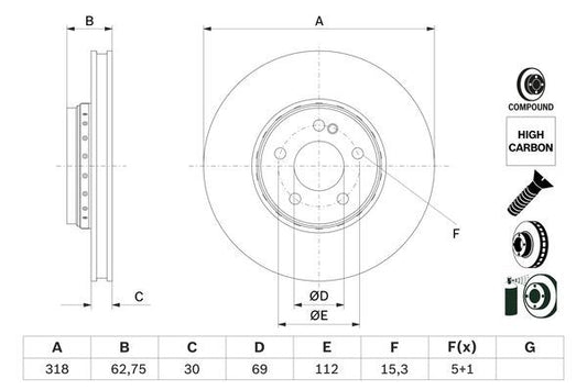 000 421 26 12 BOSCH BRAKE DISC FRONT 318MM W205 - 5519 #