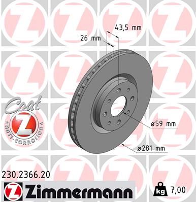 230.2366.20 ZIMMERMANN BRAKE DISC FRONT FIAT MITO 281MM - 2366