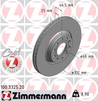 4B0 615 301C ZIMMERMANN BRAKE DISC FRONT 312MM X 25MM 3325