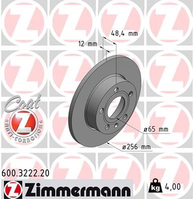 1K0 615 601L ZIMMERMANN BRAKE DISC REAR 260 X 12MM - 3222