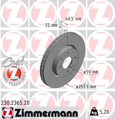 230.2365.20 ZIMMERMANN BRAKE DISC FRONT FIAT 500+MITO - 2365