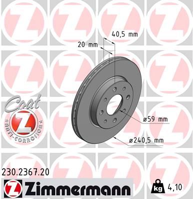 230.2367.20 ZIMMERMANN BRAKE DISC FRONT FIAT 240mm - 2367