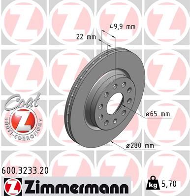 1K0 615 301S ZIMMERMANN BRAKE DISC FRONT 280MM - 3233