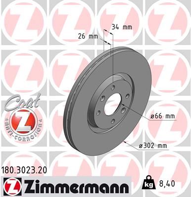 180.3023.20 ZIMMERMANN BRAKE DISC FRONT Ø 302mm 207/3008/307 - 3023