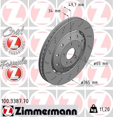 8U0 615 301A ZIMMERMANN BRAKE DISC 3387   365mm X-DRILLD NON-WAVE