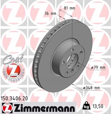 34 11 6 767353 ZIMMERMANN BRAKE DISC FRONT E65 750LI 348MM