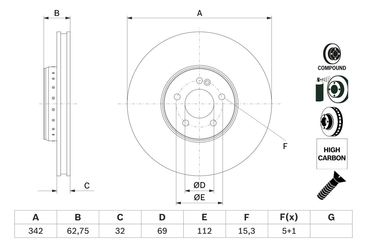 000 421 28 12 BOSCH BRAKE DISC FRONT GLC 342mm - 5521 H/C